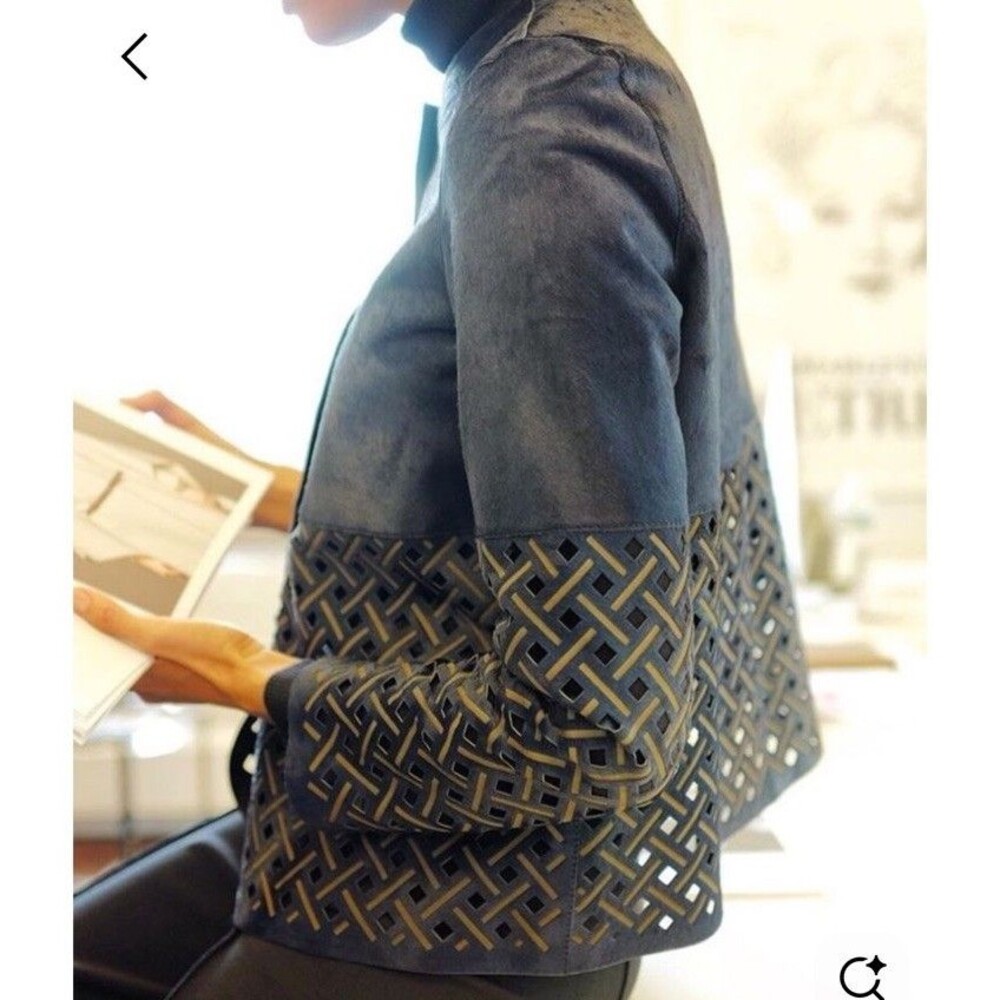 NWT Lafayette 148 New York Jacket $2,998 M Calf Hair Leather Navy Blue Cutout - Picture 2 of 13